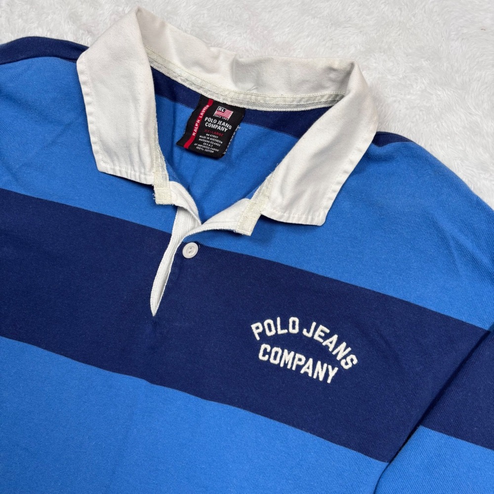 VTG 90s Polo Jeans Co Rugby Shirt Men XXL Blue Colorblock‎ Stripe Short Slv USA